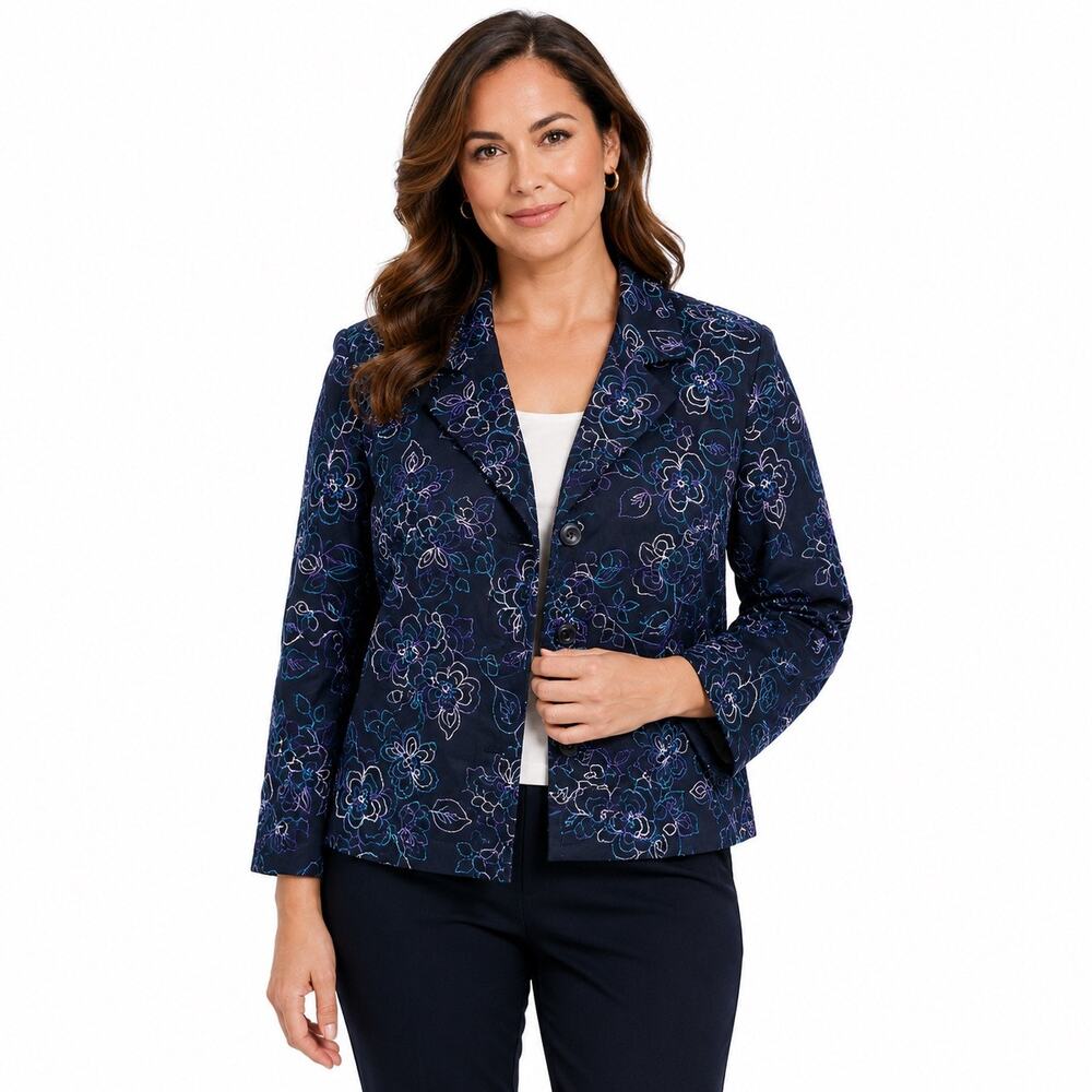 CJ Banks Women's Embroidered Floral Blazer 100% Cotton Navy Blue Size Medium